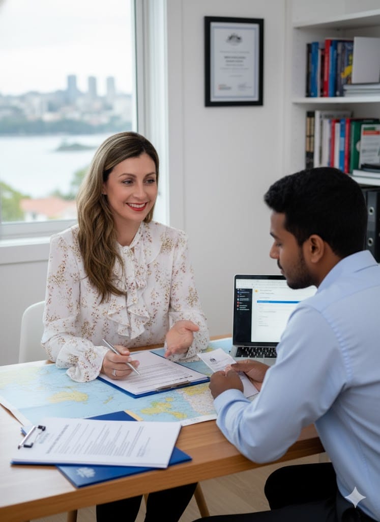 Two people discussing over a table.